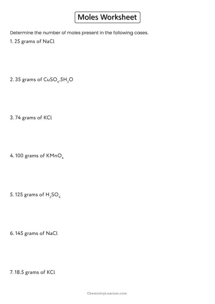 Moles Worksheet with Answers