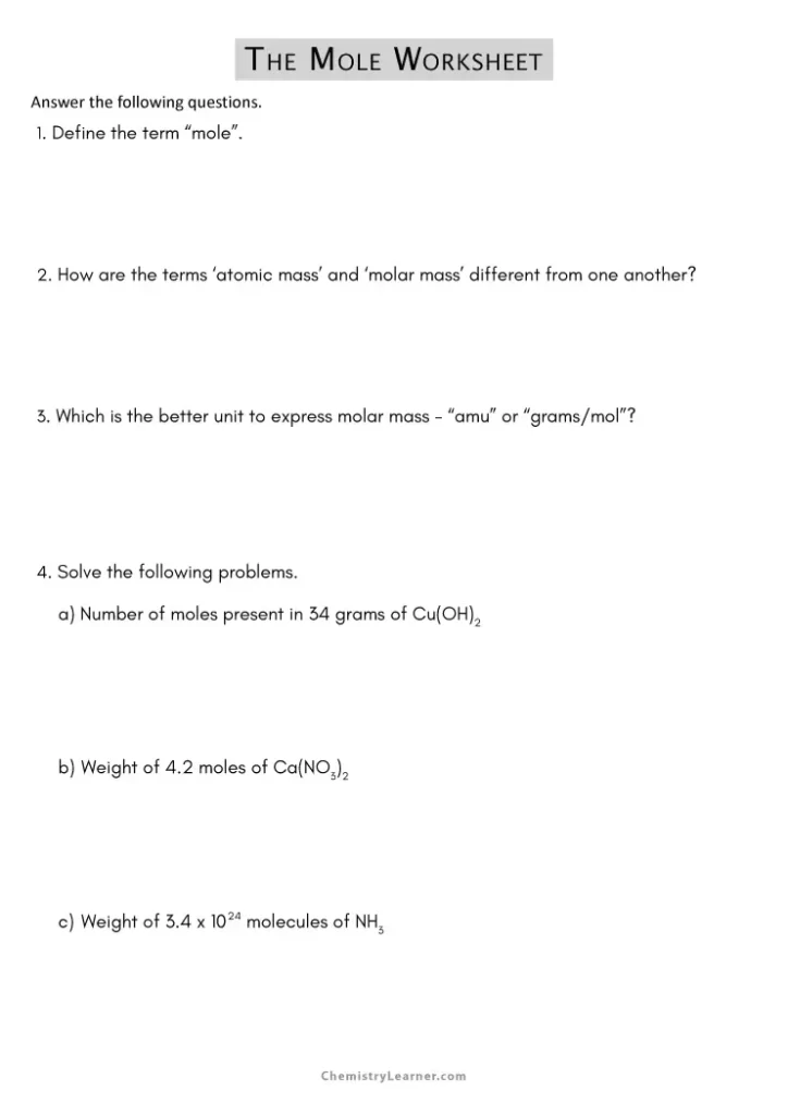 The Mole Worksheet with Answers