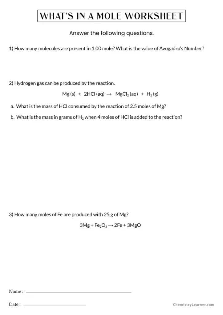 What's in a Mole Molar Mass Worksheet with Answers